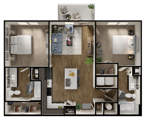 A top-down view of a small apartment layout with a kitchen, living room, and bedroom.
